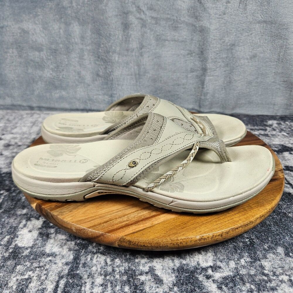 Merrell Hollyleaf Womens Taupe Leather Comfort Thong Sandals Flip Flops Shoes 11